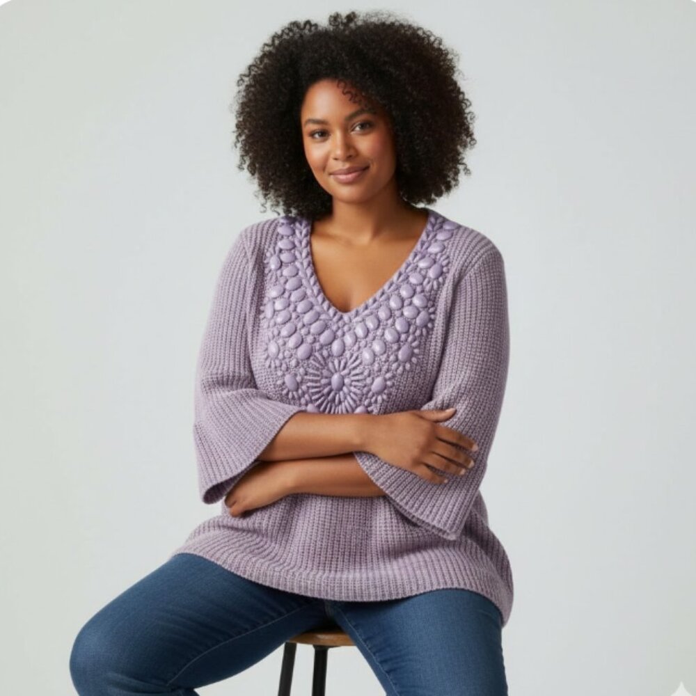 New V Cristina‎ Large Purple Embellished Flare Sleeve Chunky Knit Sweater